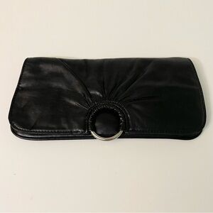 Vintage Spring Black Faux Leather Envelope Clutch Y2K Silver Ring Handbag